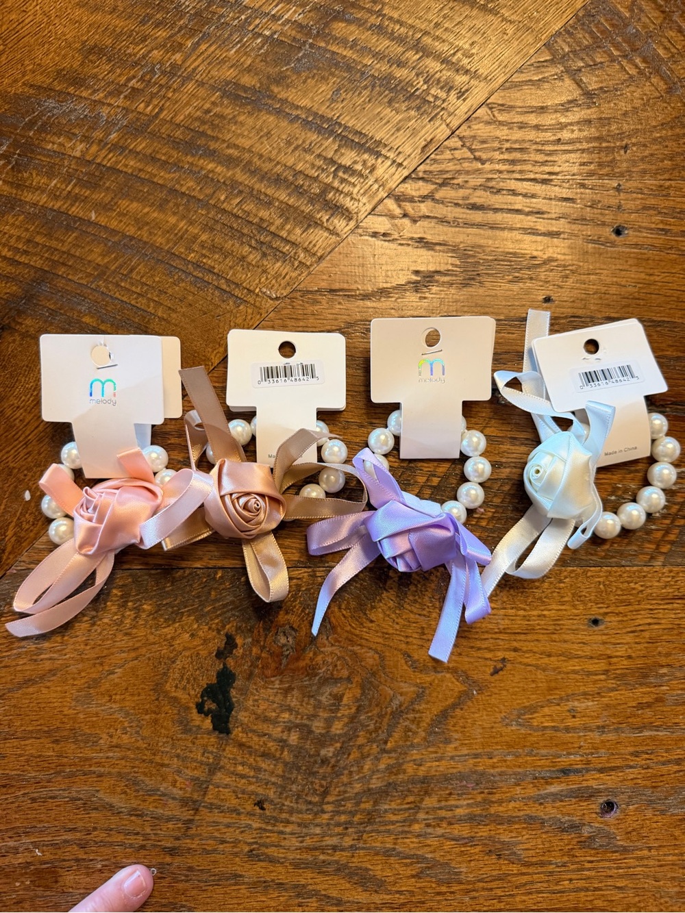 Mint faux Pearl Bracelet Set with Satin Rose Accents - Pink, Beige, Lavender